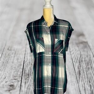 Rails Blouse Top Medium Button Down Plaid Blue Green White Short Sleeve